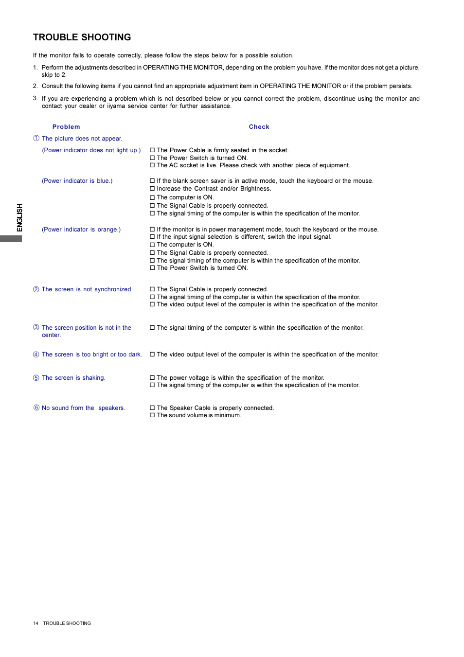 Trouble shooting | Iiyama L403W User Manual | Page 16 / 32