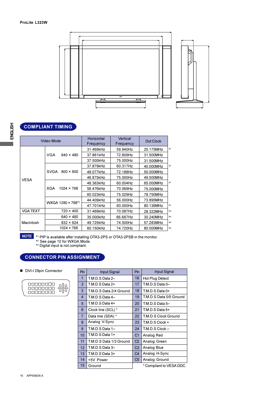 Connector pin assignment, Compliant timing | Iiyama L403W User Manual | Page 18 / 32