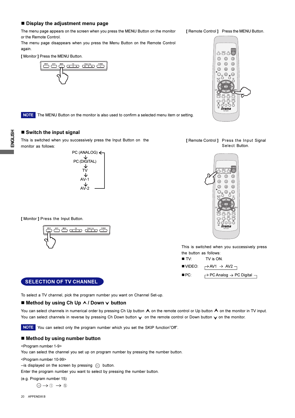 Selection of tv channel, N switch the input signal, N display the adjustment menu page | Iiyama L403W User Manual | Page 22 / 32