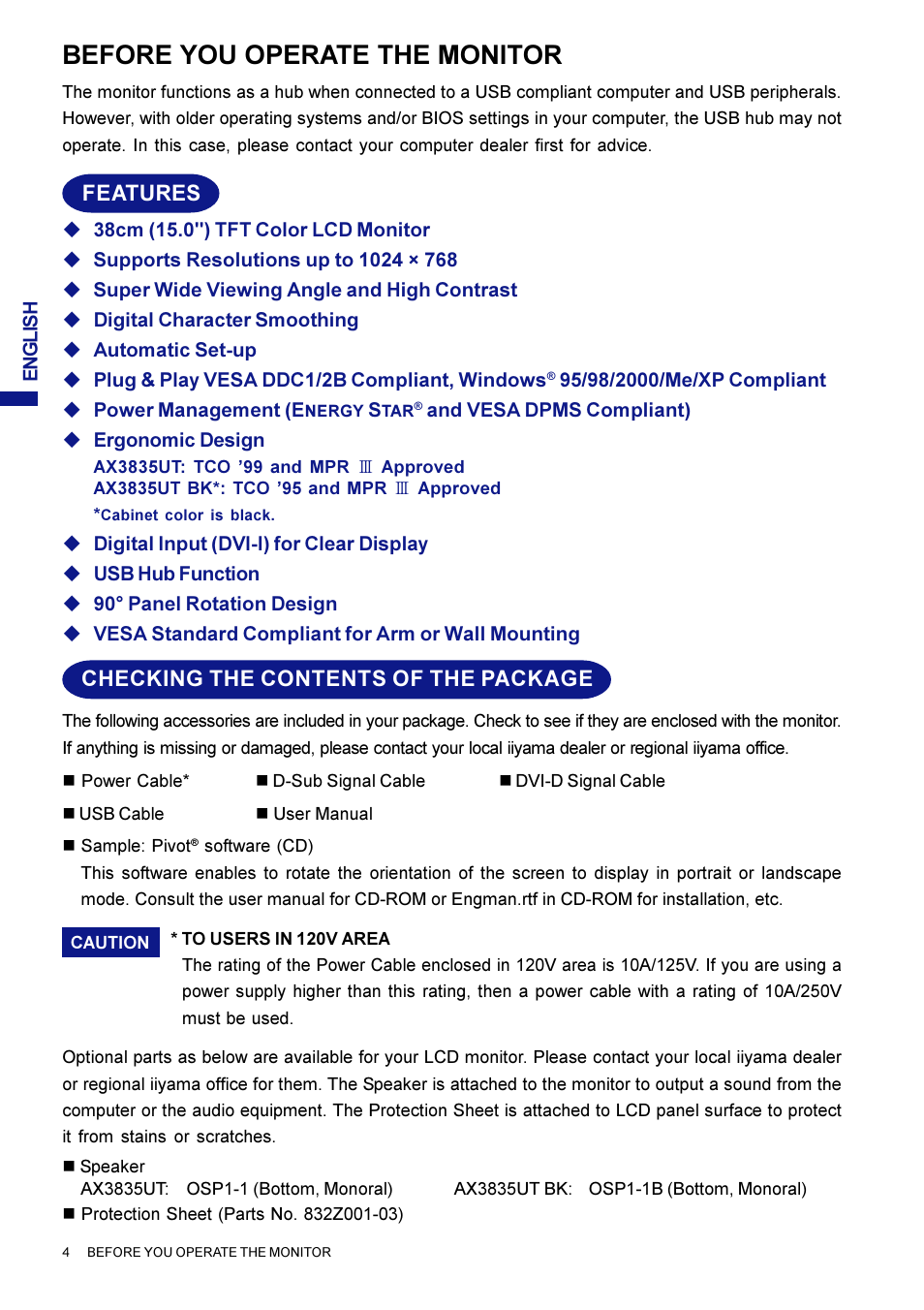Before you operate the monitor, Features, Checking the contents of the package | Iiyama AX3835UT User Manual | Page 10 / 136