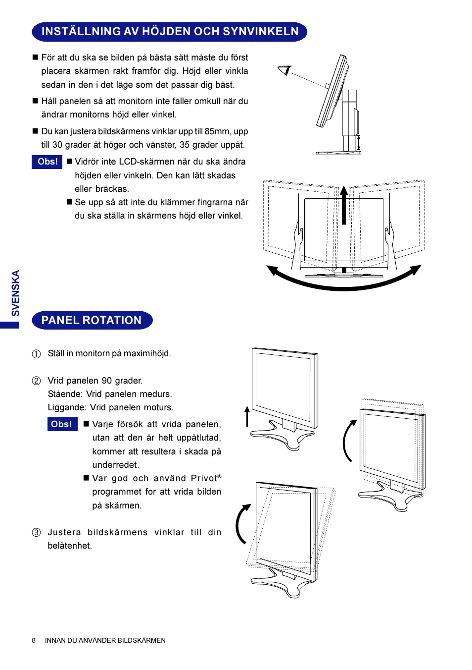 Inställning av höjden och synvinkeln, Panel rotation | Iiyama AX3835UT User Manual | Page 102 / 136