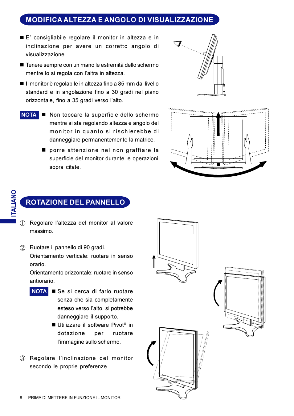 Modifica altezza e angolo di visualizzazione, Rotazione del pannello | Iiyama AX3835UT User Manual | Page 124 / 136