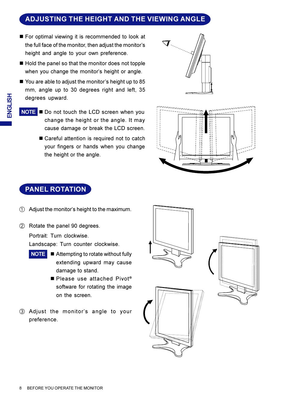 Adjusting the height and the viewing angle, Panel rotation | Iiyama AX3835UT User Manual | Page 14 / 136