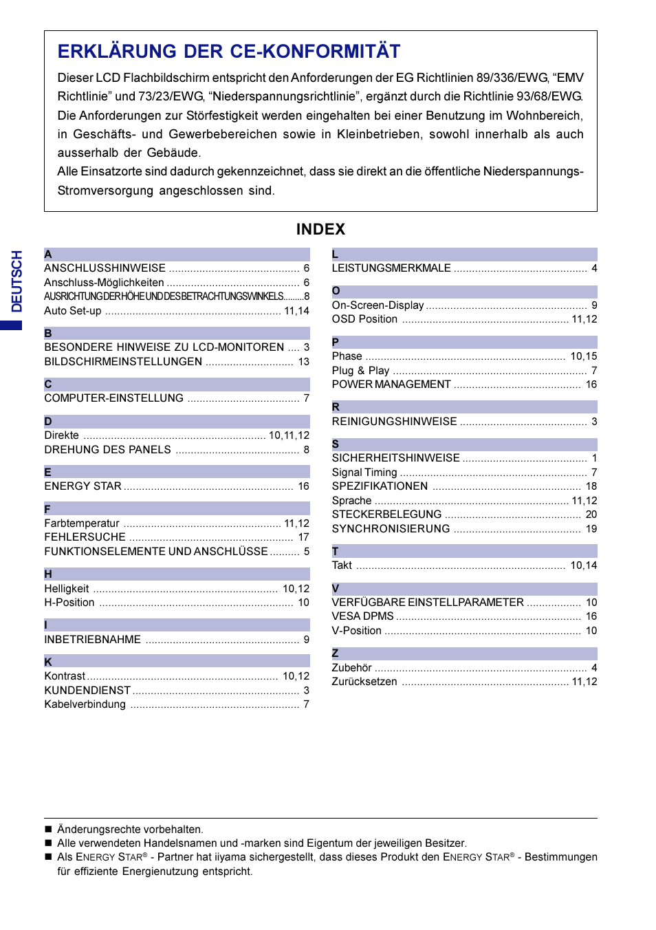 Erklärung der ce-konformität, Index, Deutsch | Iiyama AX3835UT User Manual | Page 28 / 136