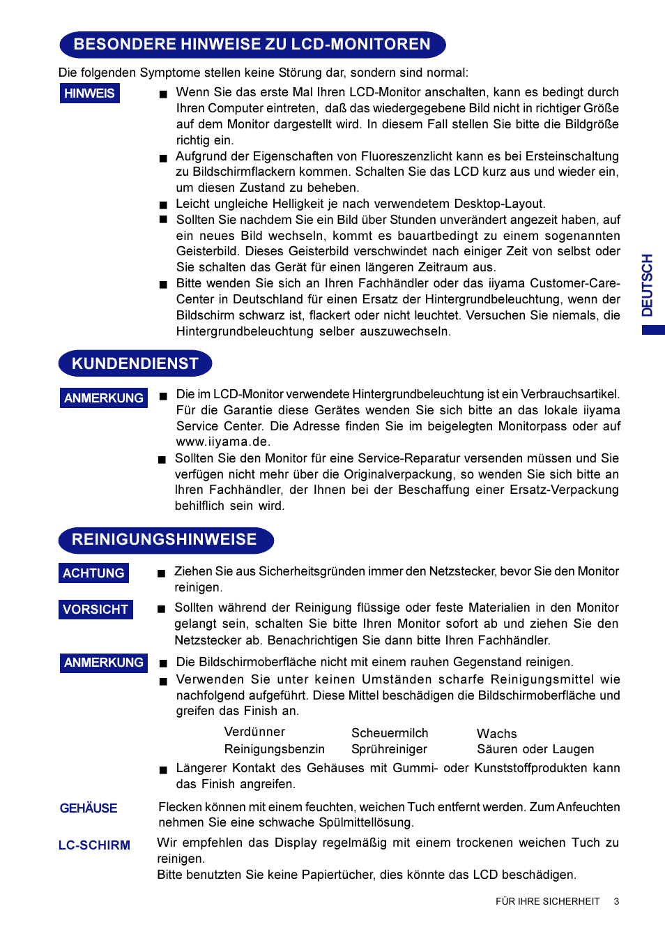 Besondere hinweise zu lcd-monitoren, Kundendienst, Reinigungshinweise | Iiyama AX3835UT User Manual | Page 31 / 136