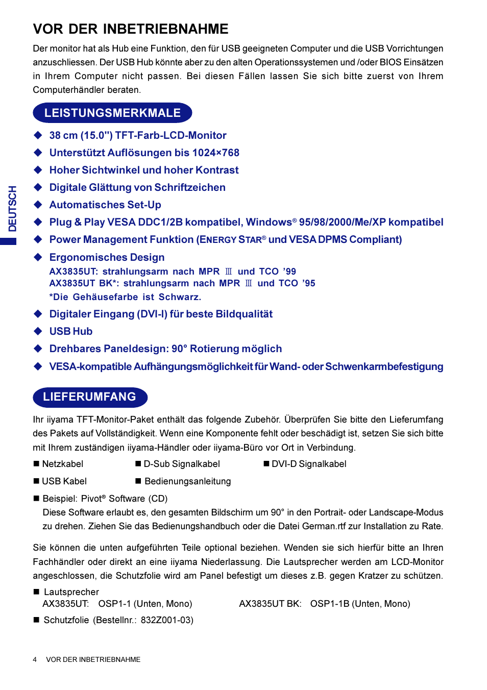 Vor der inbetriebnahme, Lieferumfang, Leistungsmerkmale | Iiyama AX3835UT User Manual | Page 32 / 136
