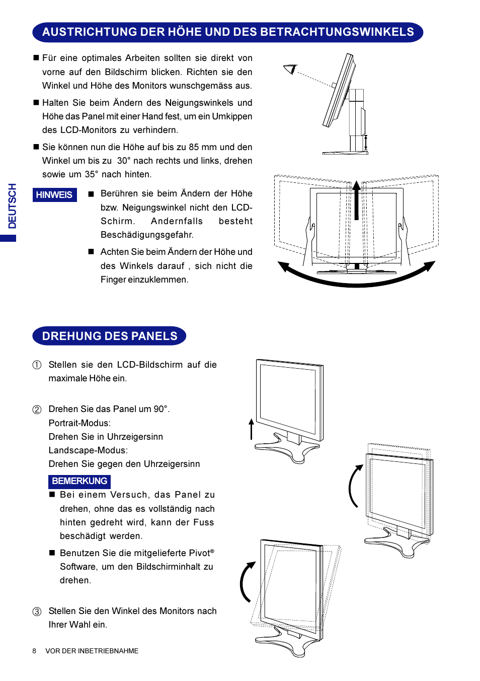 Austrichtung der höhe und des betrachtungswinkels, Drehung des panels | Iiyama AX3835UT User Manual | Page 36 / 136