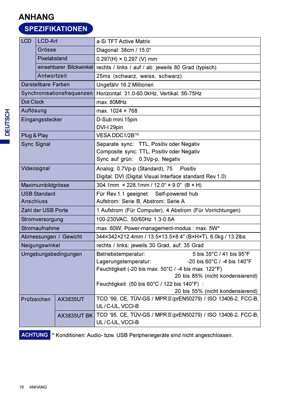 Anhang, Spezifikationen | Iiyama AX3835UT User Manual | Page 46 / 136