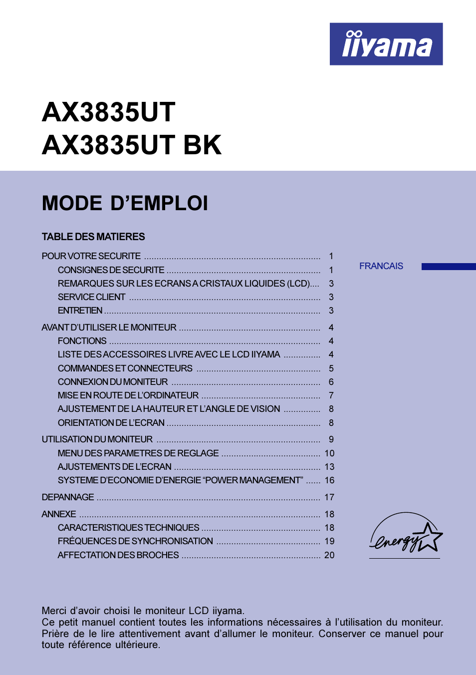 Francais, Mode d’emploi | Iiyama AX3835UT User Manual | Page 49 / 136