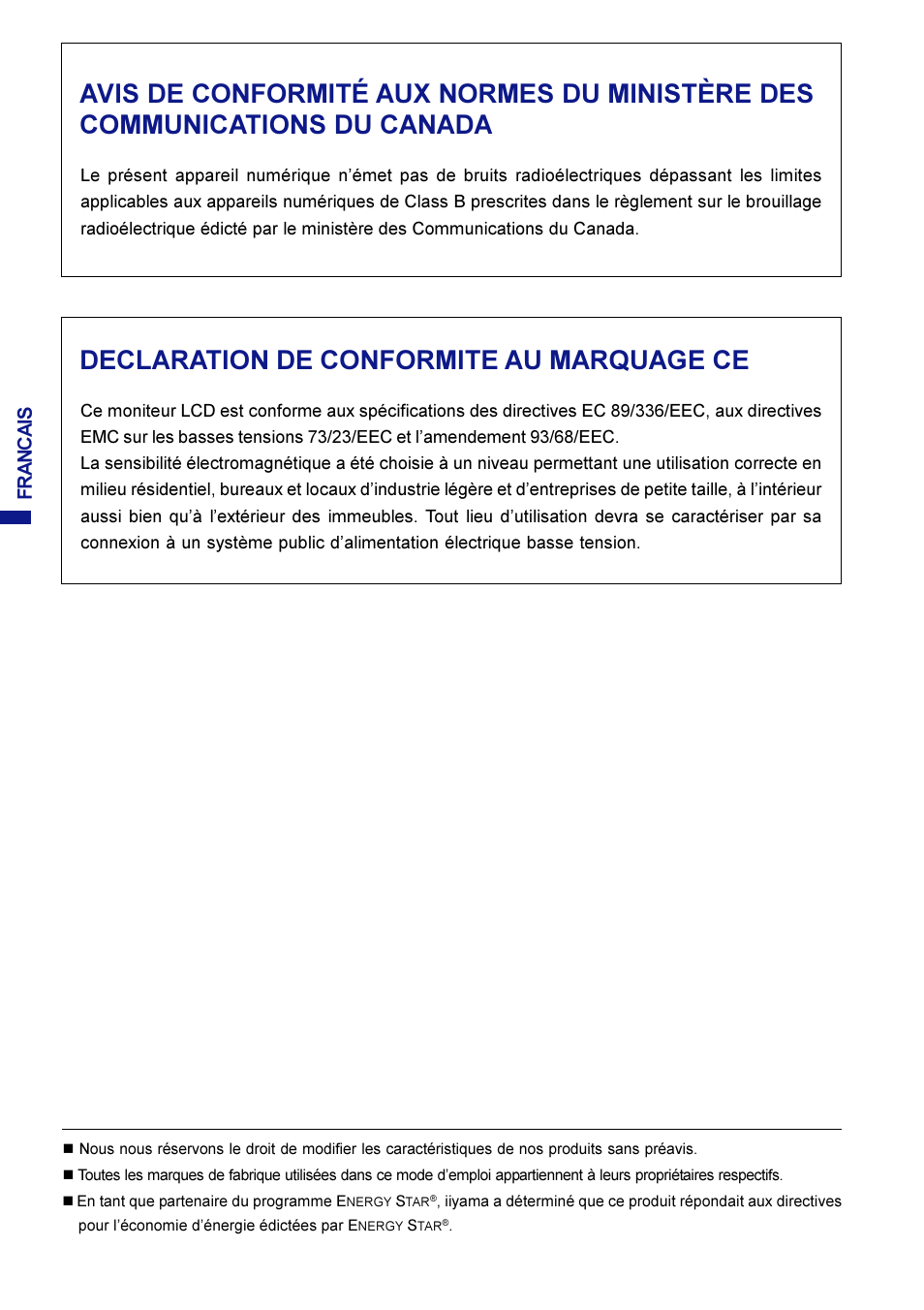 Declaration de conformite au marquage ce, Francais | Iiyama AX3835UT User Manual | Page 50 / 136