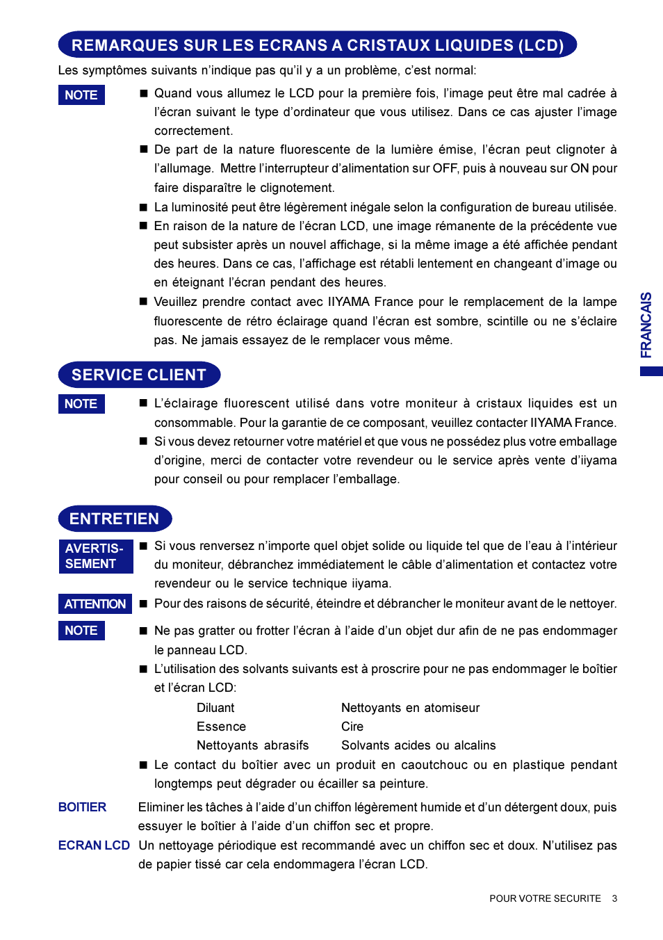 Remarques sur les ecrans a cristaux liquides (lcd), Service client, Entretien | Iiyama AX3835UT User Manual | Page 53 / 136