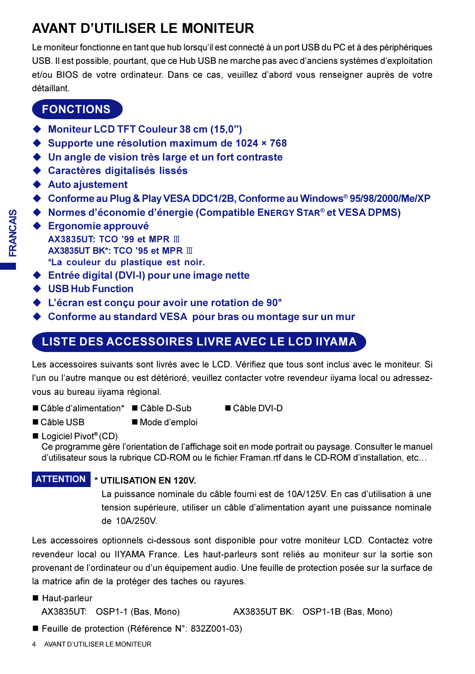 Avant d’utiliser le moniteur, Fonctions, Liste des accessoires livre avec le lcd iiyama | Iiyama AX3835UT User Manual | Page 54 / 136