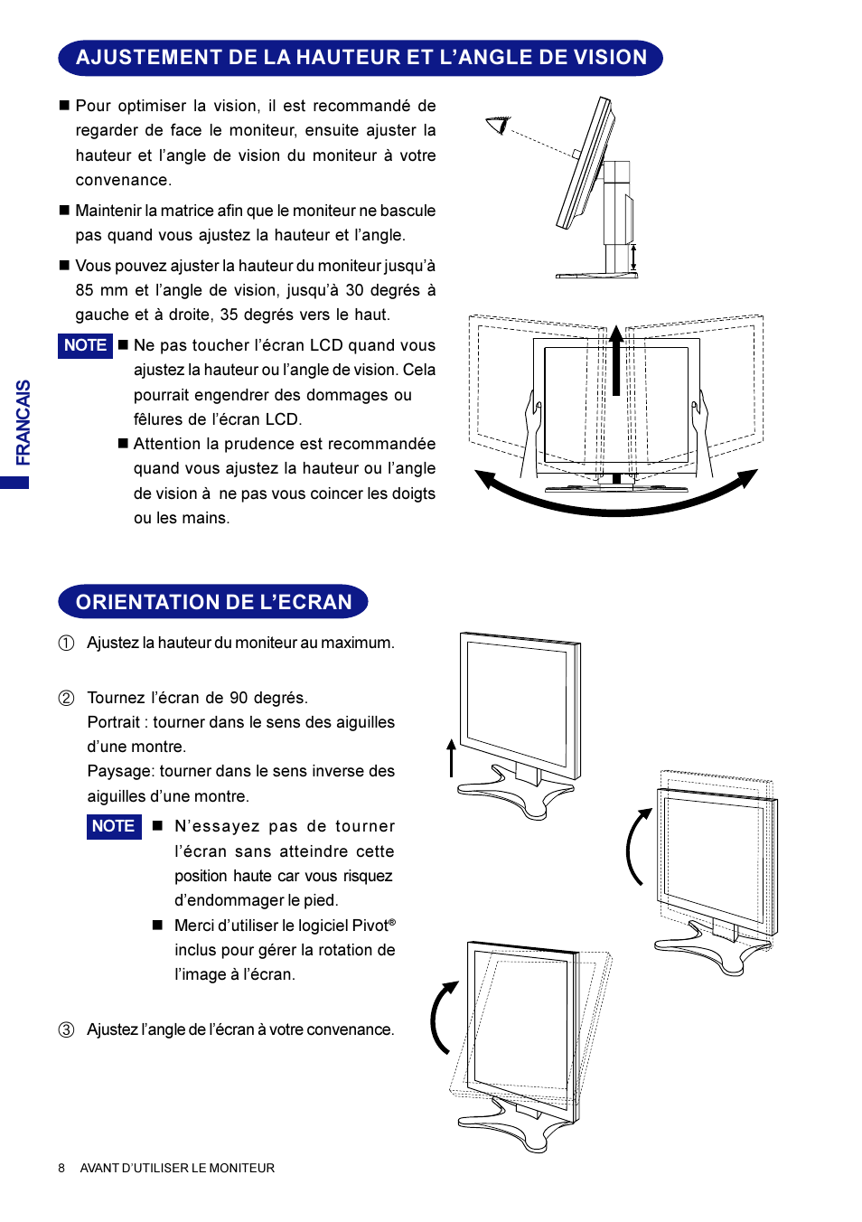 Ajustement de la hauteur et l’angle de vision, Orientation de l’ecran | Iiyama AX3835UT User Manual | Page 58 / 136