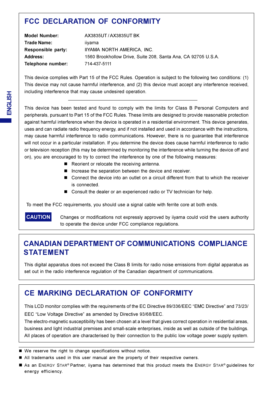 Fcc declaration of conformity, Ce marking declaration of conformity, English | Iiyama AX3835UT User Manual | Page 6 / 136