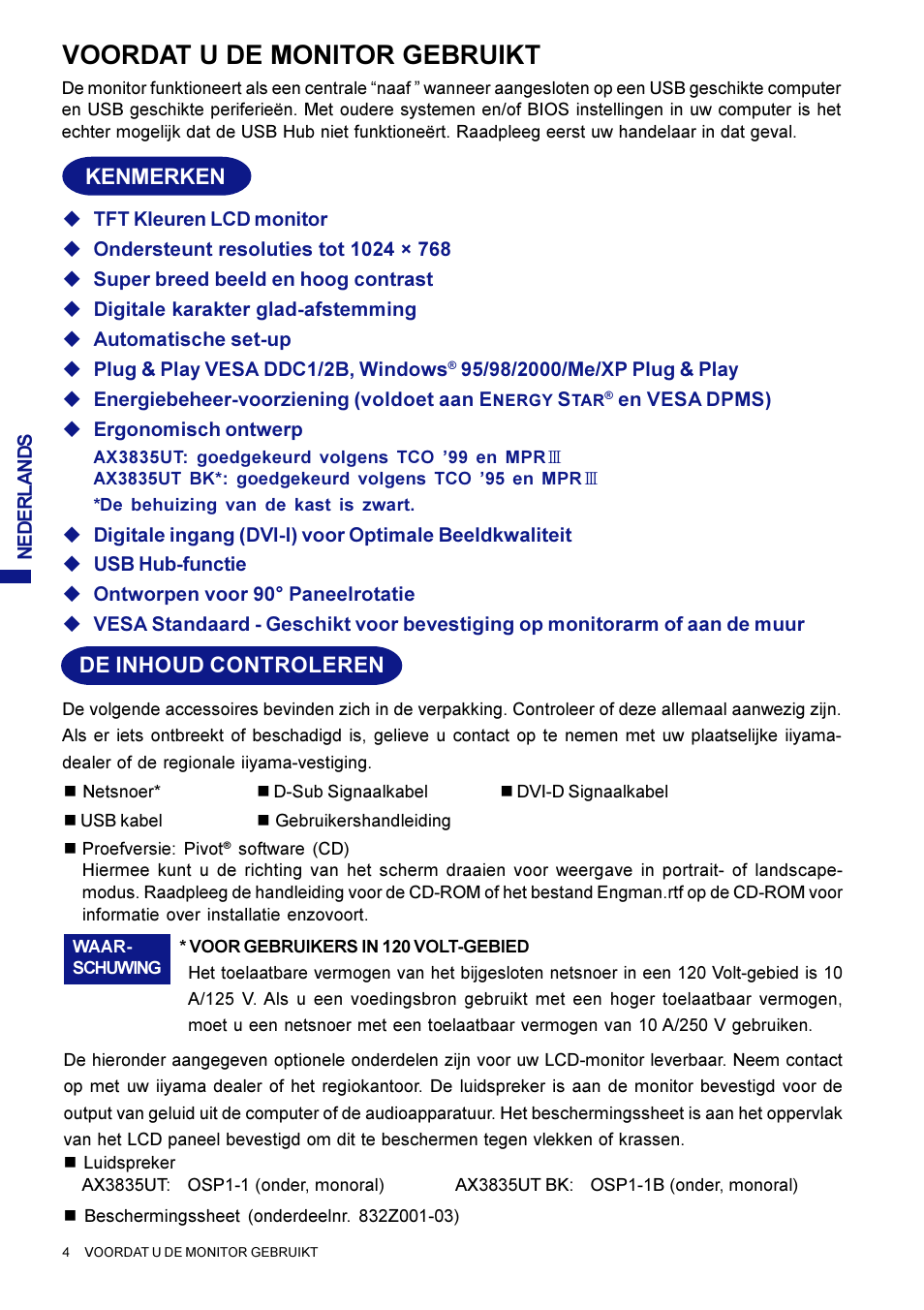Voordat u de monitor gebruikt, Kenmerken, De inhoud controleren | Iiyama AX3835UT User Manual | Page 76 / 136