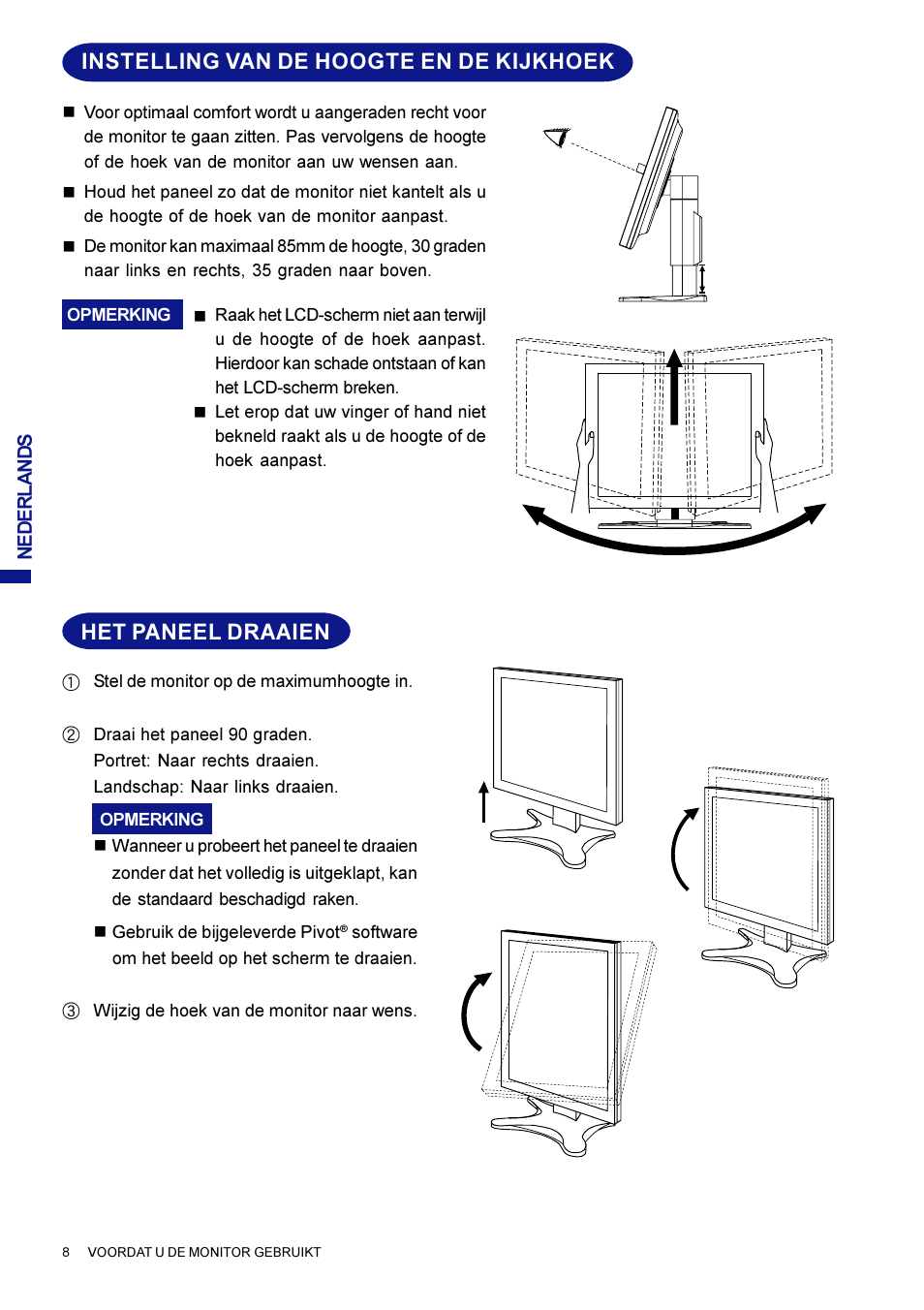 Instelling van de hoogte en de kijkhoek, Het paneel draaien | Iiyama AX3835UT User Manual | Page 80 / 136