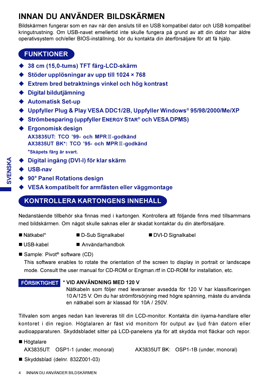Innan du använder bildskärmen, Funktioner, Kontrollera kartongens innehåll | Iiyama AX3835UT User Manual | Page 98 / 136