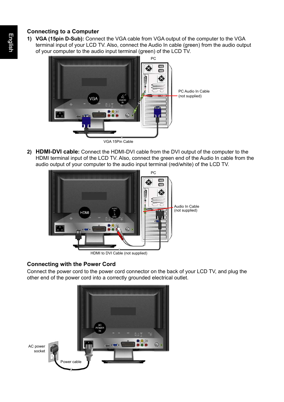 Connecting to a computer, Hdmi-dvi cable, Connecting with the power cord | English | Iiyama PROLITE PLC1900WTV User Manual | Page 14 / 23