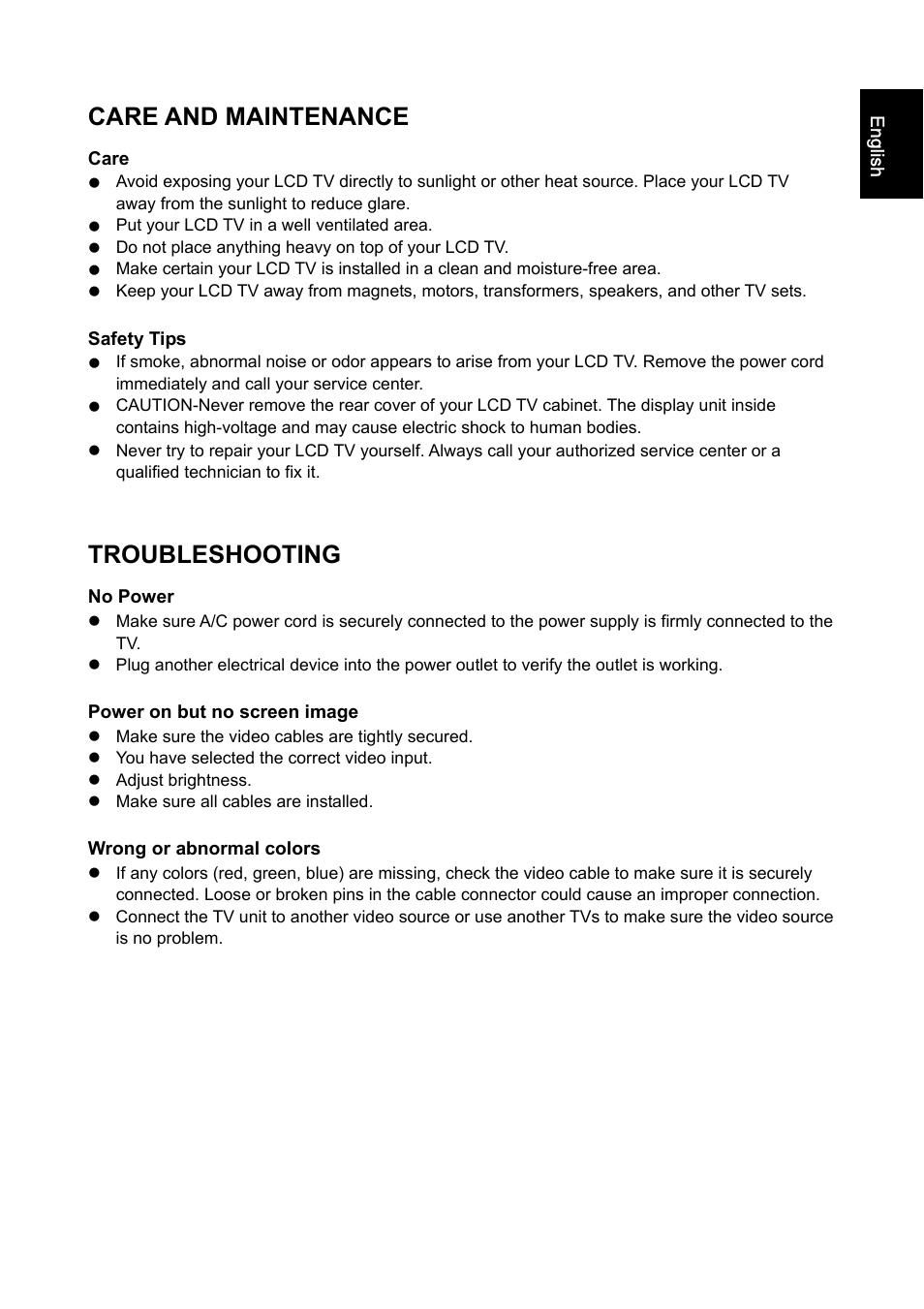 Care and maintenance, Troubleshooting | Iiyama PROLITE PLC1900WTV User Manual | Page 23 / 23