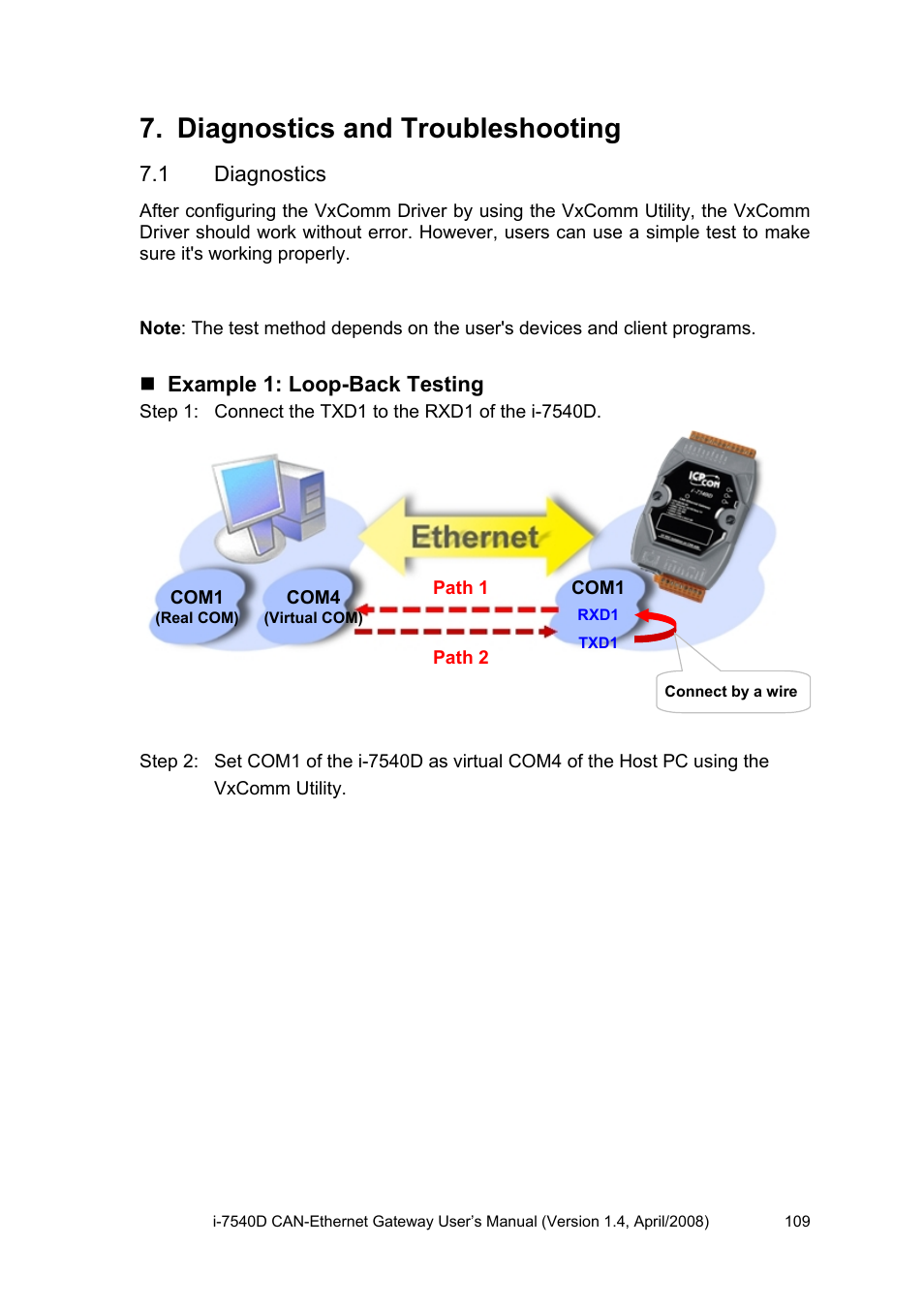 Diagnostics and troubleshooting, 1 diagnostics, Diagnostics | Example 1: loop-back testing | ICP DAS USA I-7540D User Manual | Page 109 / 121