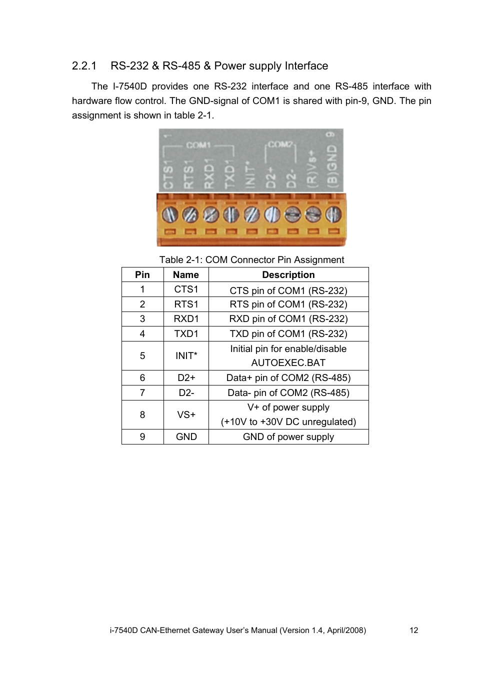 1 rs-232 & rs-485 & power supply interface, Rs-232 & rs-485 & power supply interface | ICP DAS USA I-7540D User Manual | Page 12 / 121
