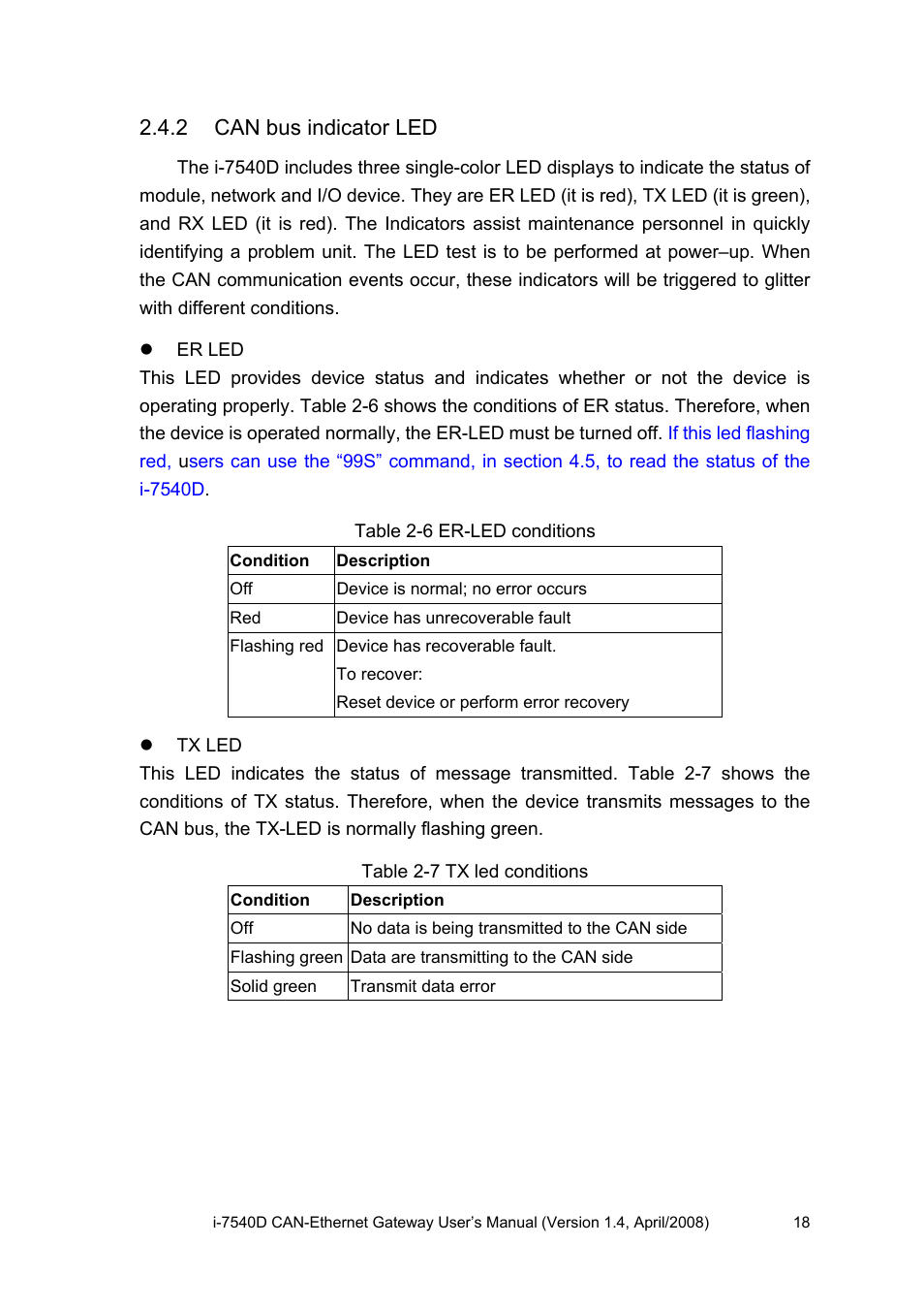 2 can bus indicator led, Can bus indicator led | ICP DAS USA I-7540D User Manual | Page 18 / 121