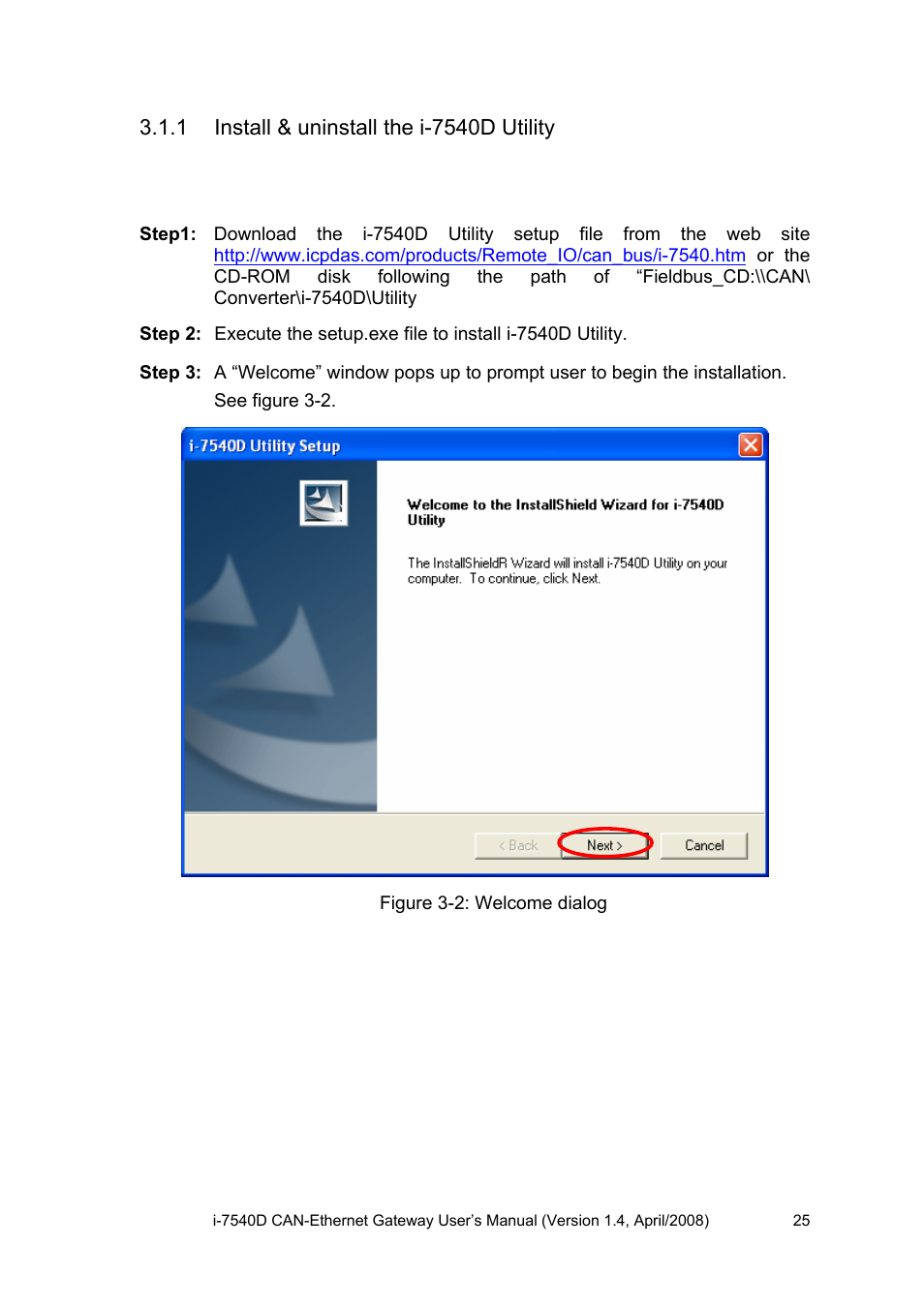 1 install & uninstall the i-7540d utility, Install & uninstall the i-7540d utility, Install i-7540d utility | ICP DAS USA I-7540D User Manual | Page 25 / 121