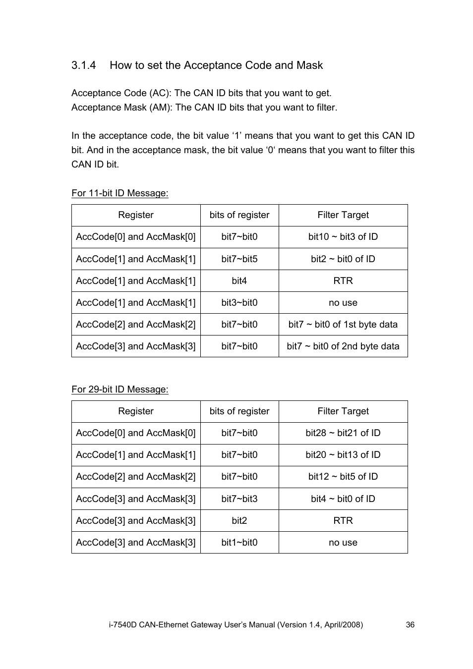 4 how to set the acceptance code and mask, How to set the acceptance code and mask | ICP DAS USA I-7540D User Manual | Page 36 / 121