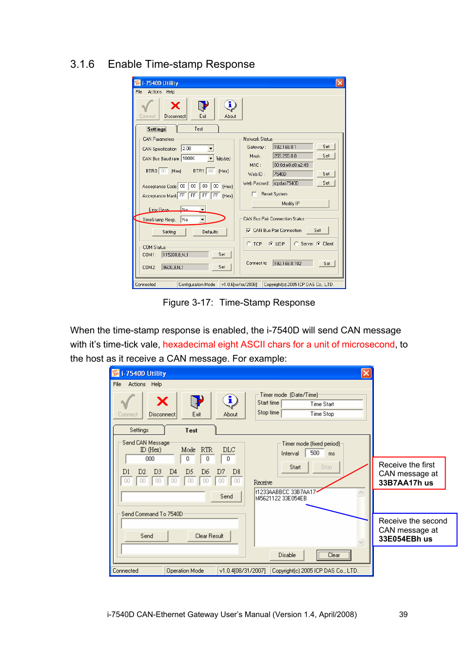 6 enable time-stamp response, Enable time-stamp response | ICP DAS USA I-7540D User Manual | Page 39 / 121