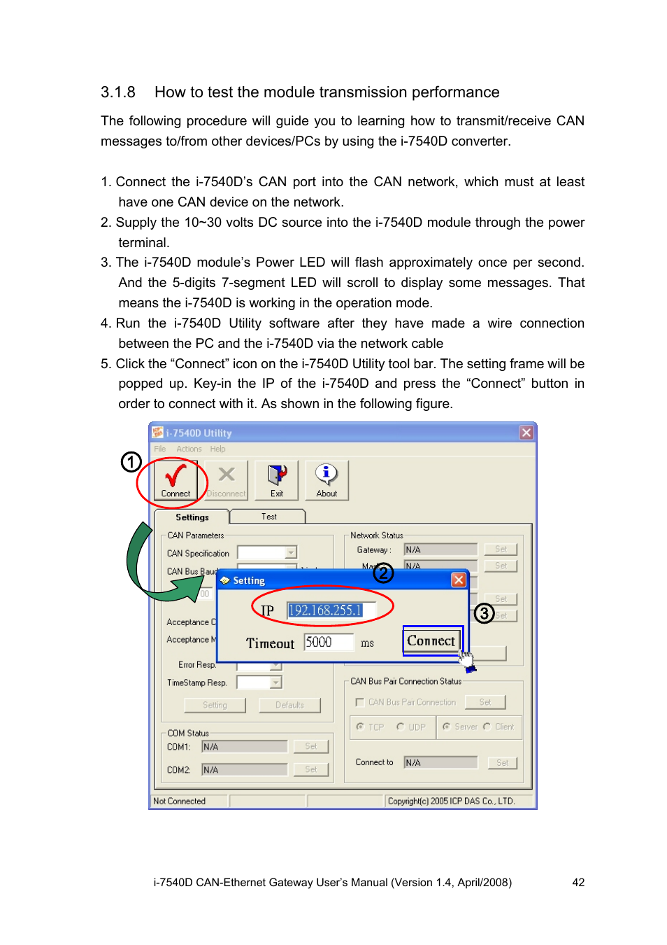 8 how to test the module transmission performance, How to test the module transmission performance | ICP DAS USA I-7540D User Manual | Page 42 / 121