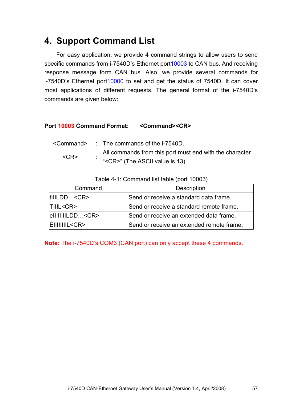 Support command list | ICP DAS USA I-7540D User Manual | Page 57 / 121