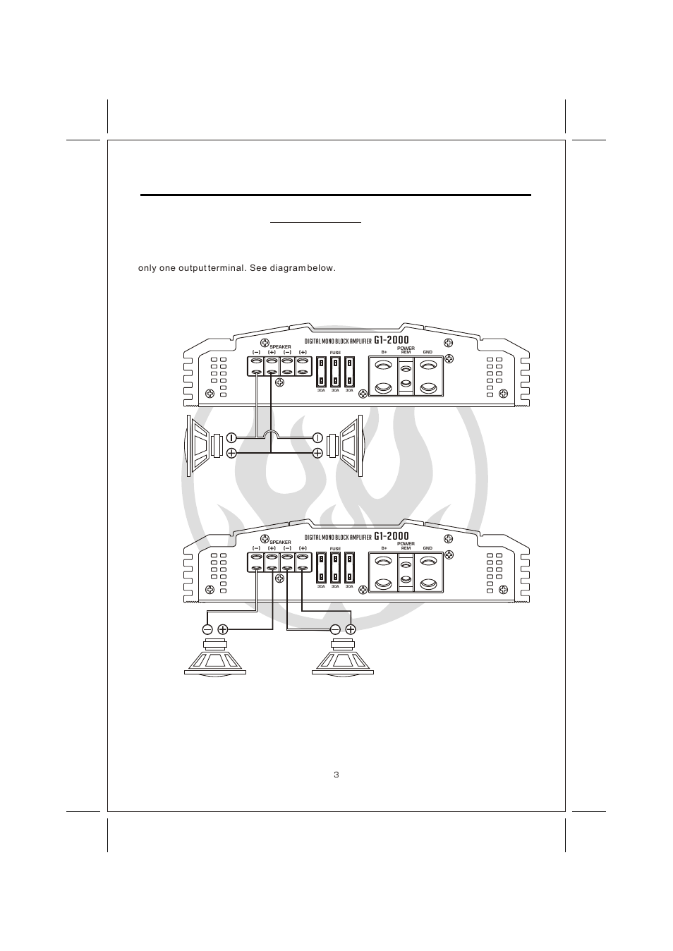 Вк 5, Speaker wiring, Only one output terminal. see diagram below | Interfire Audio G1-3000 User Manual | Page 5 / 16