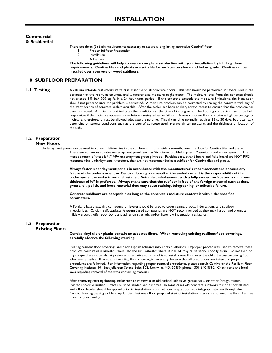 Installation, 0 subfloor preparation | International Home Products Centiva Floors User Manual | Page 11 / 21