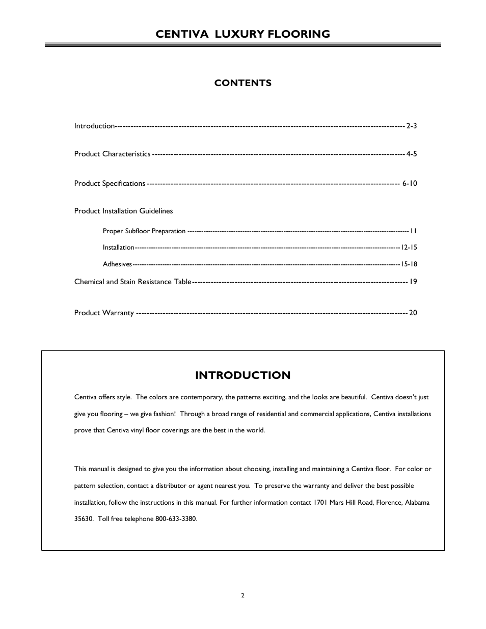 Centiva luxury flooring, Introduction | International Home Products Centiva Floors User Manual | Page 2 / 21