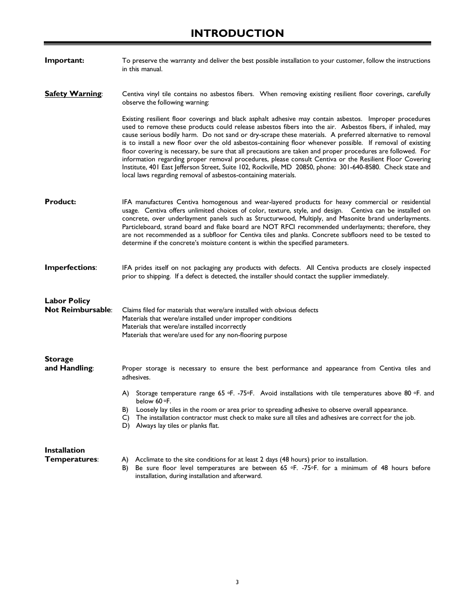 Introduction | International Home Products Centiva Floors User Manual | Page 3 / 21