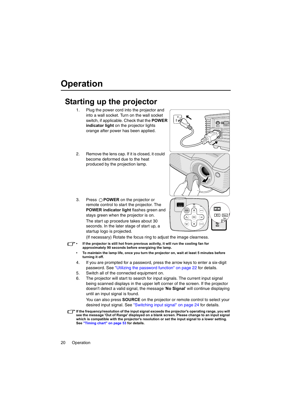 Operation, Starting up the projector, Starting | InFocus IN100 User Manual | Page 20 / 55