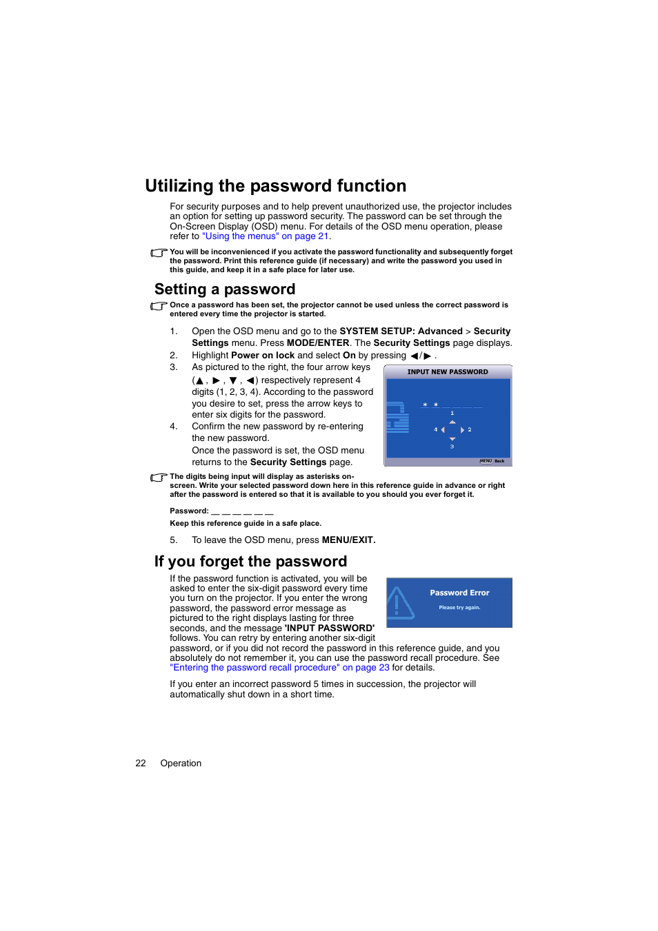 Utilizing the password function, Setting a password, If you forget the password | InFocus IN100 User Manual | Page 22 / 55