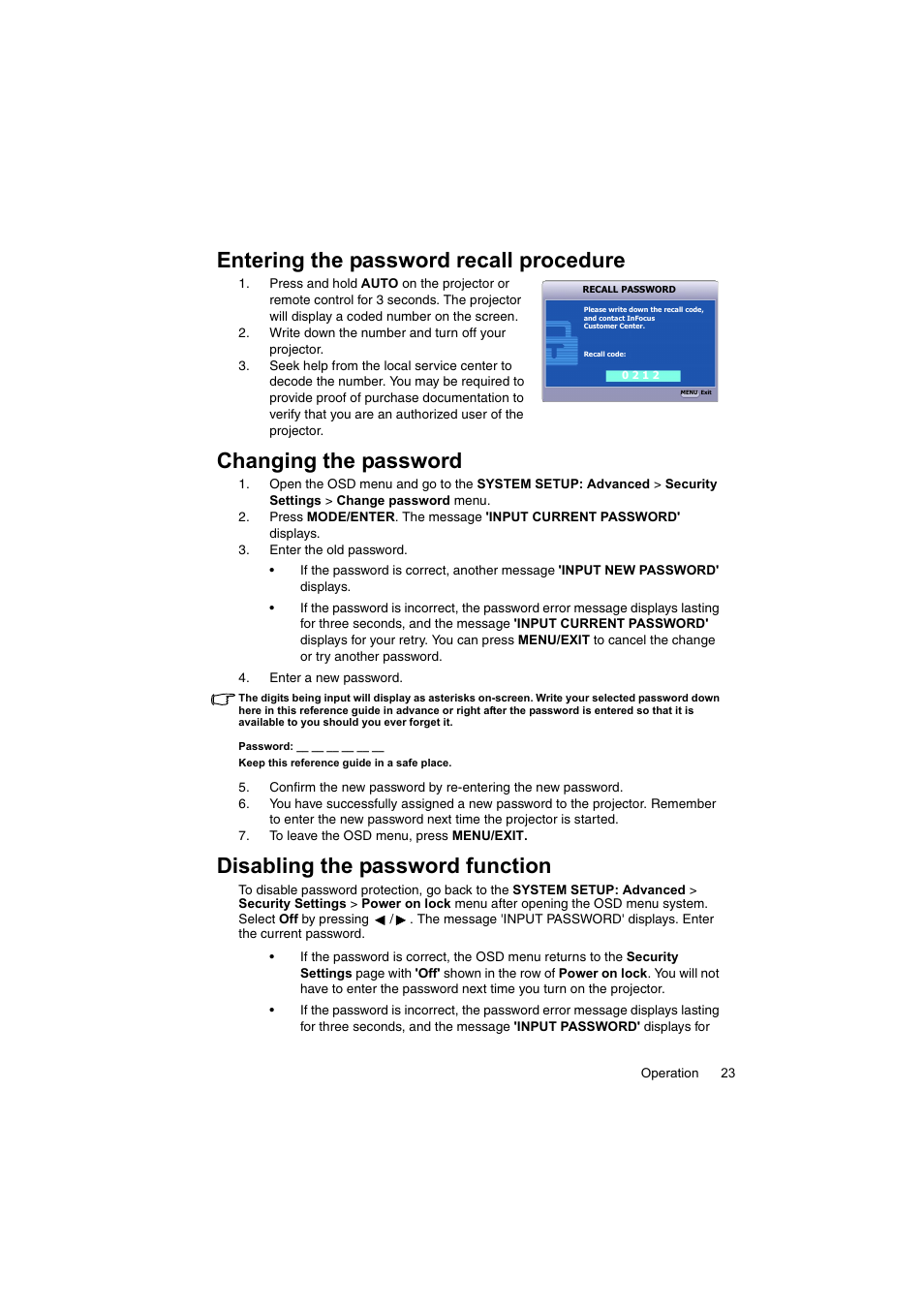 Entering the password recall procedure, Changing the password, Disabling the password function | InFocus IN100 User Manual | Page 23 / 55