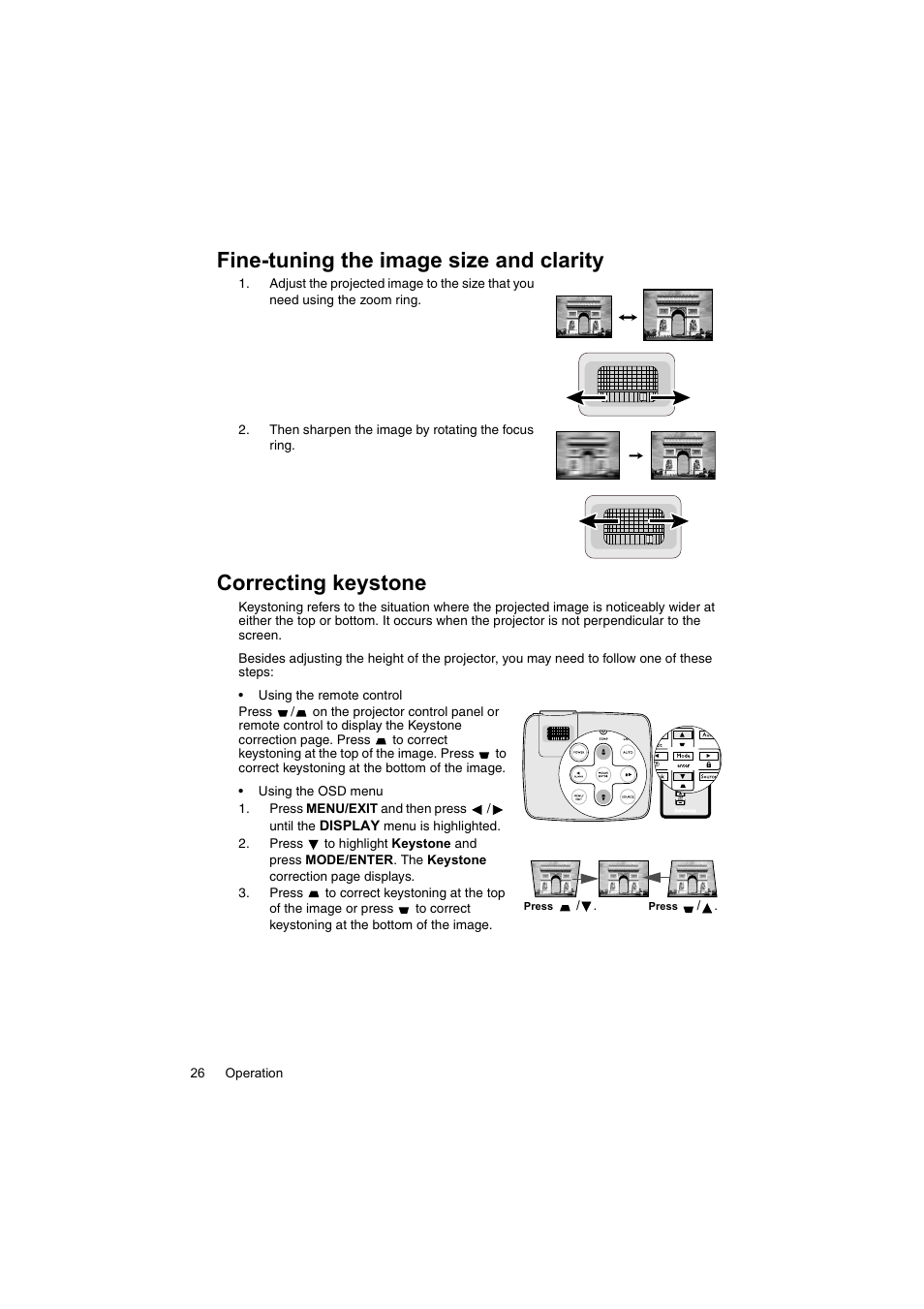 Fine-tuning the image size and clarity, Correcting keystone, Fine-tuning the image size | InFocus IN100 User Manual | Page 26 / 55
