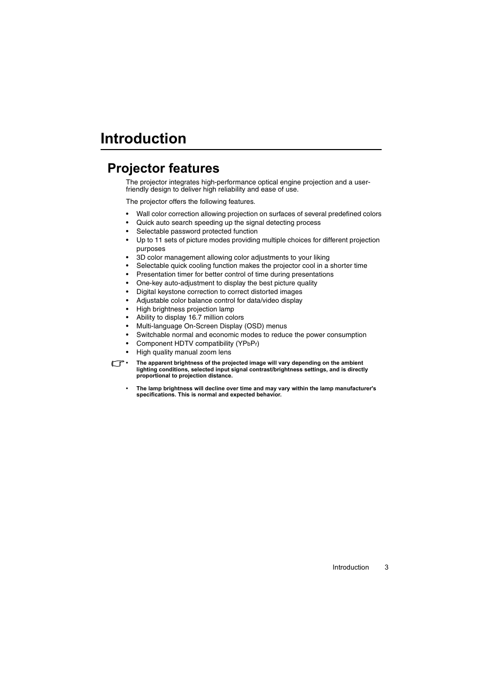 Introduction, Projector features | InFocus IN100 User Manual | Page 3 / 55