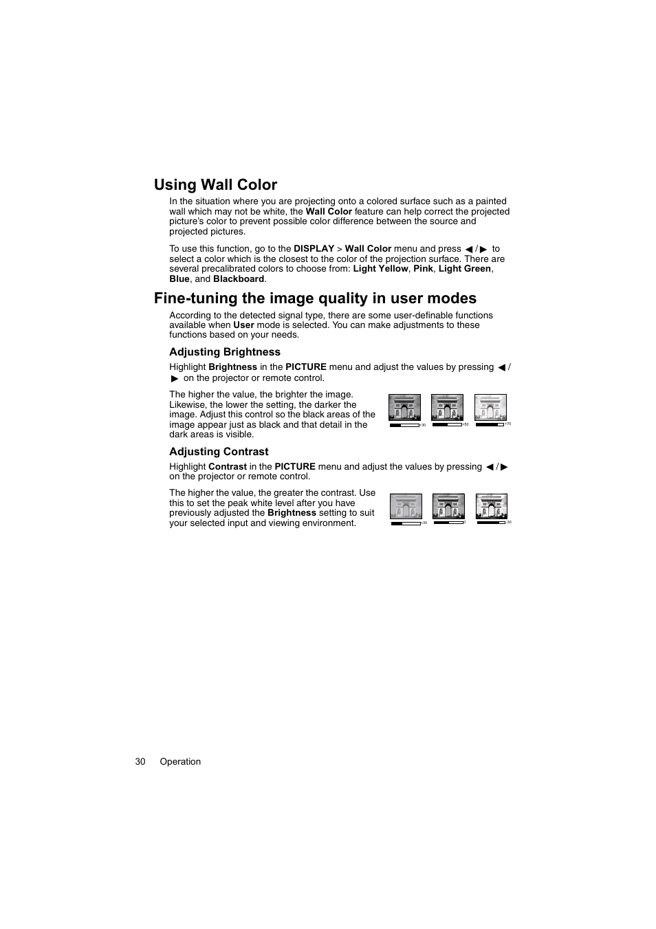 Using wall color, Fine-tuning the image quality in user modes | InFocus IN100 User Manual | Page 30 / 55