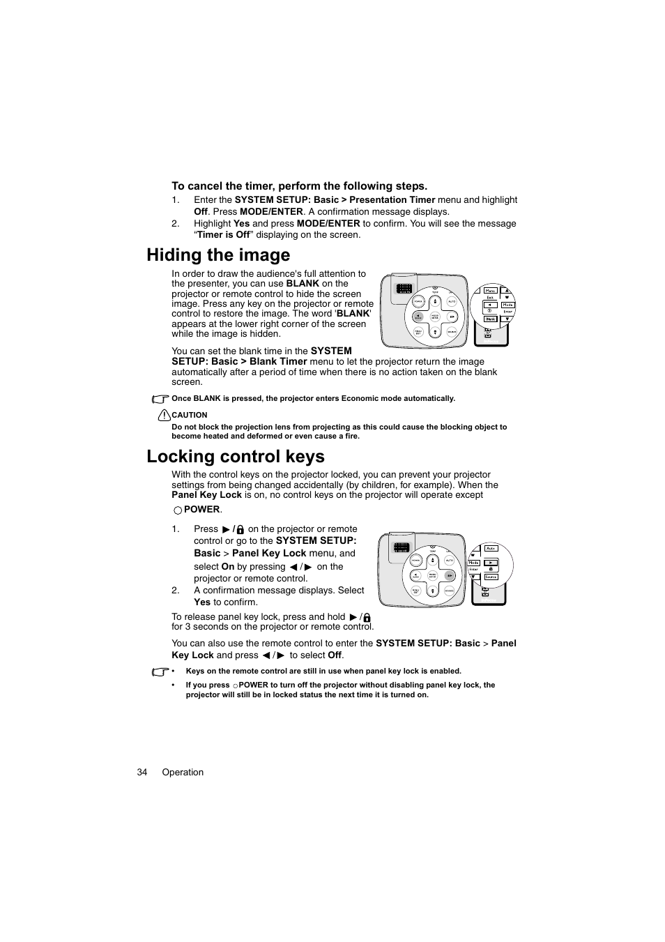 Hiding the image, Locking control keys, Locking | InFocus IN100 User Manual | Page 34 / 55