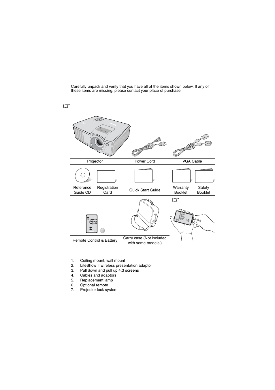 Shipping contents, Standard accessories, Optional accessories | InFocus IN100 User Manual | Page 4 / 55