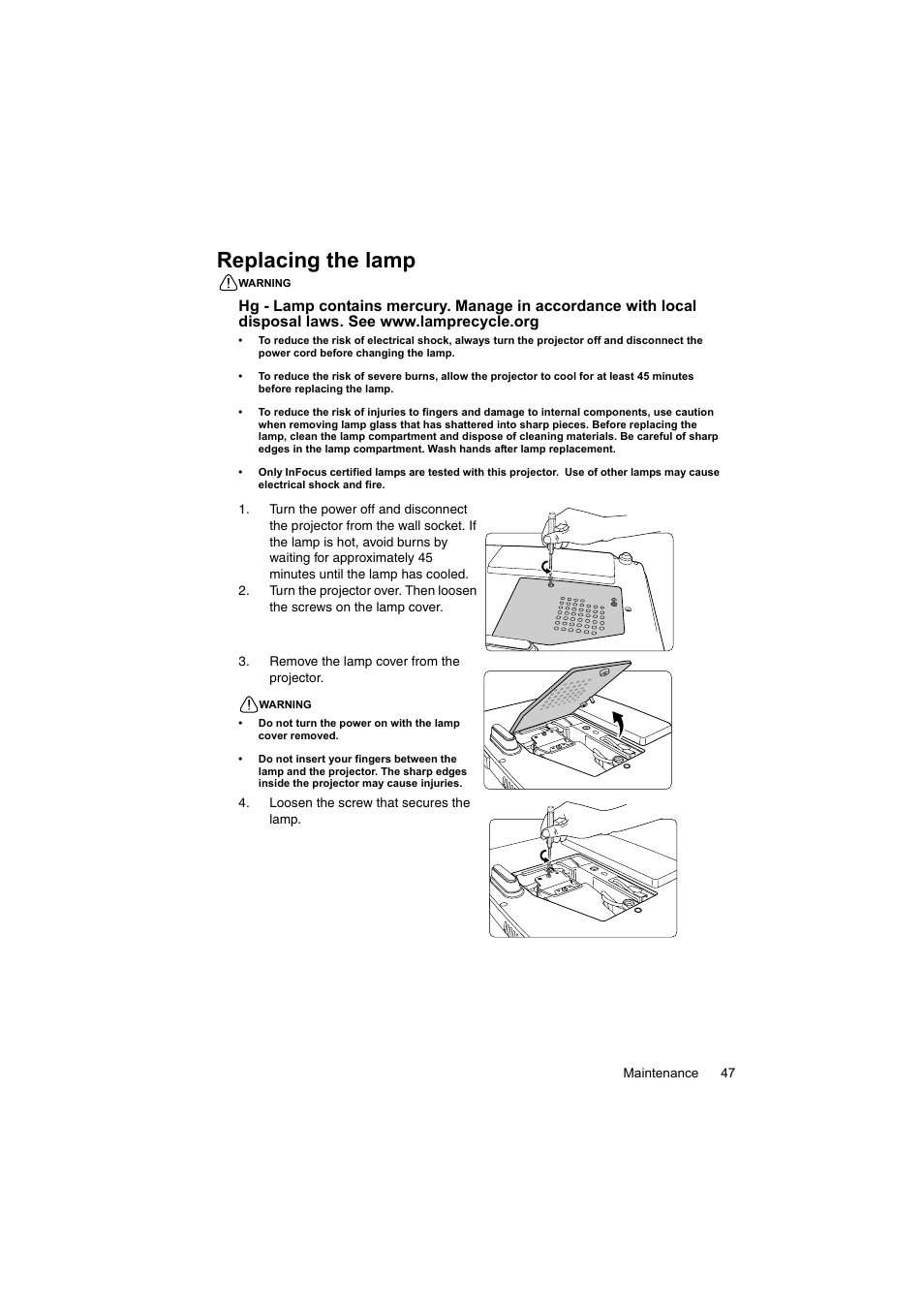 Replacing the lamp | InFocus IN100 User Manual | Page 47 / 55