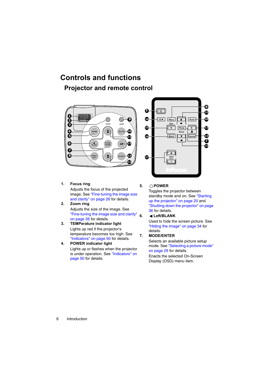 Controls and functions, Projector and remote control, Projector and remote | InFocus IN100 User Manual | Page 6 / 55