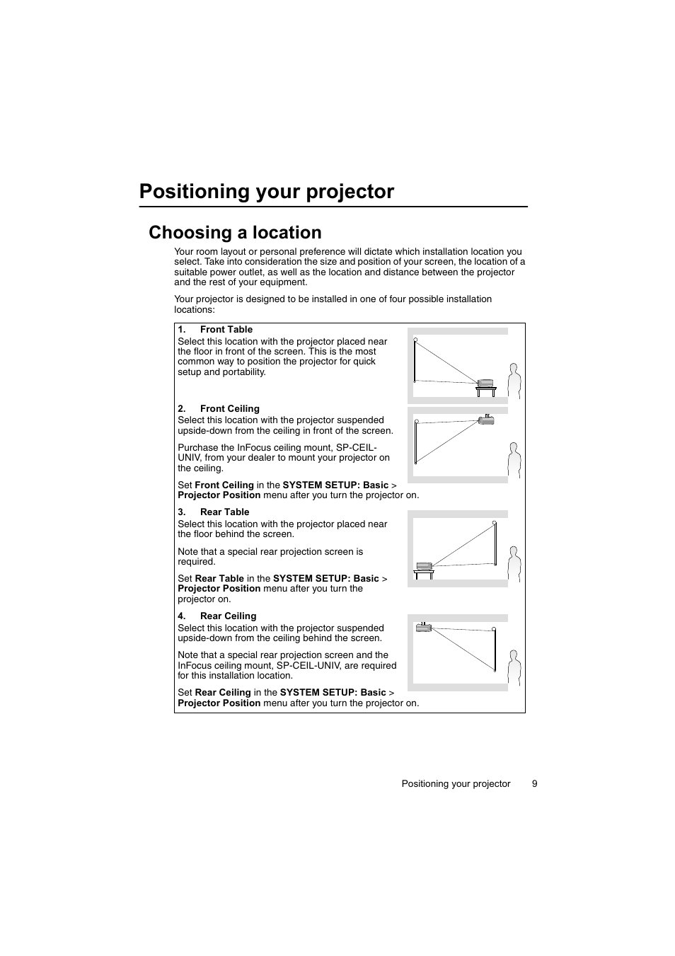 Positioning your projector, Choosing a location | InFocus IN100 User Manual | Page 9 / 55