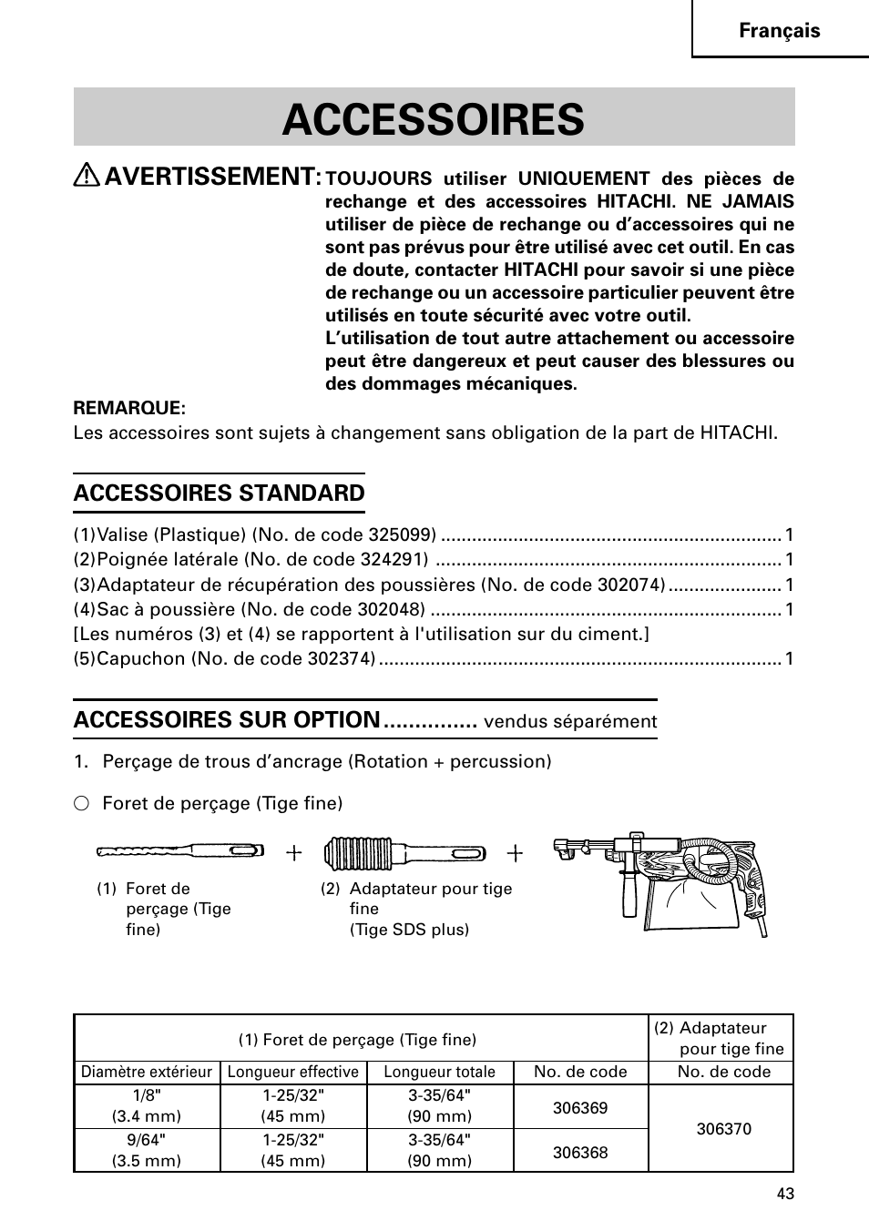 Accessoires, Avertissement, Accessoires standard | Accessoires sur option | InFocus DH 24PD3 User Manual | Page 43 / 76