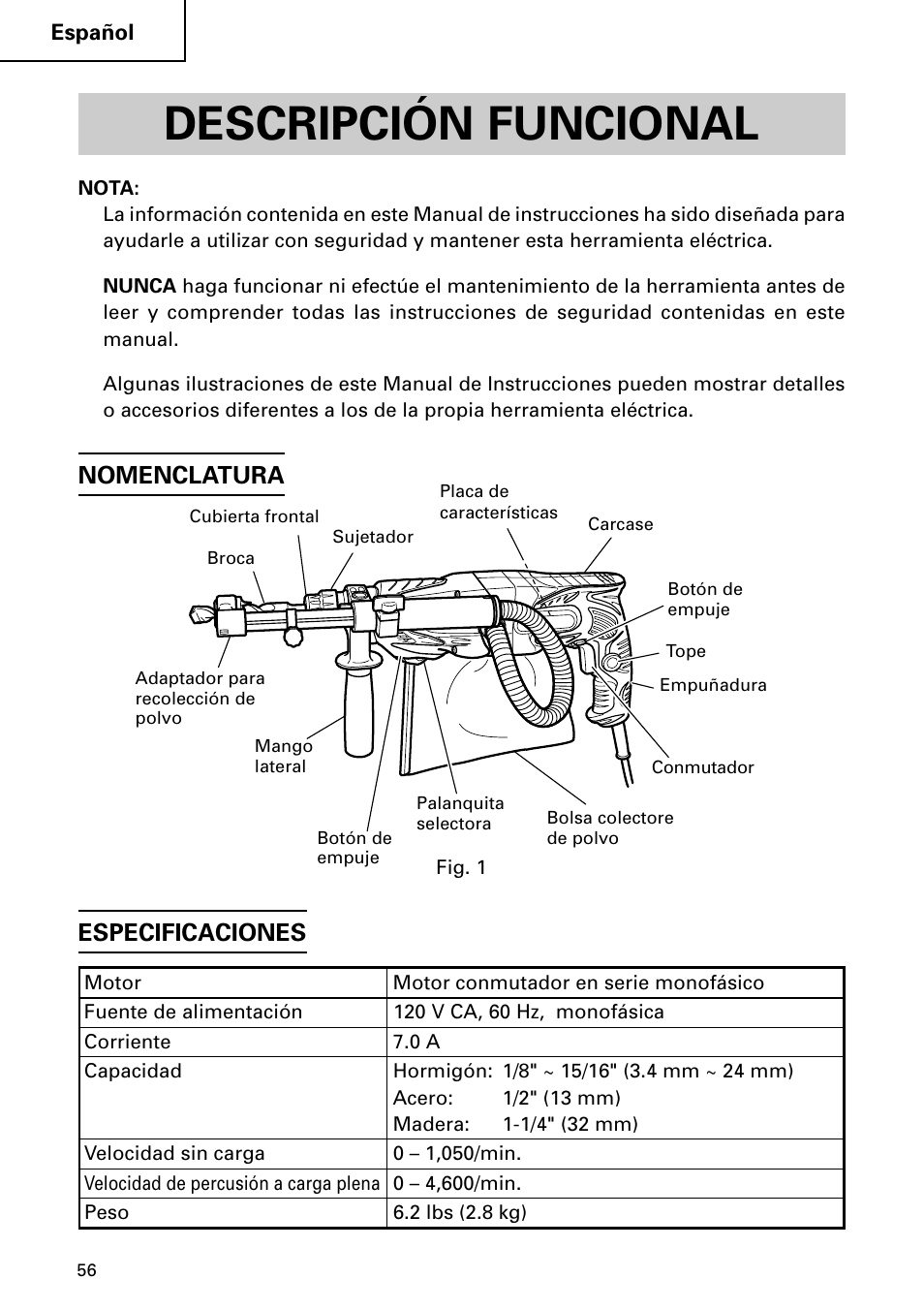 Descripción funcional, Nomenclatura, Especificaciones | InFocus DH 24PD3 User Manual | Page 56 / 76