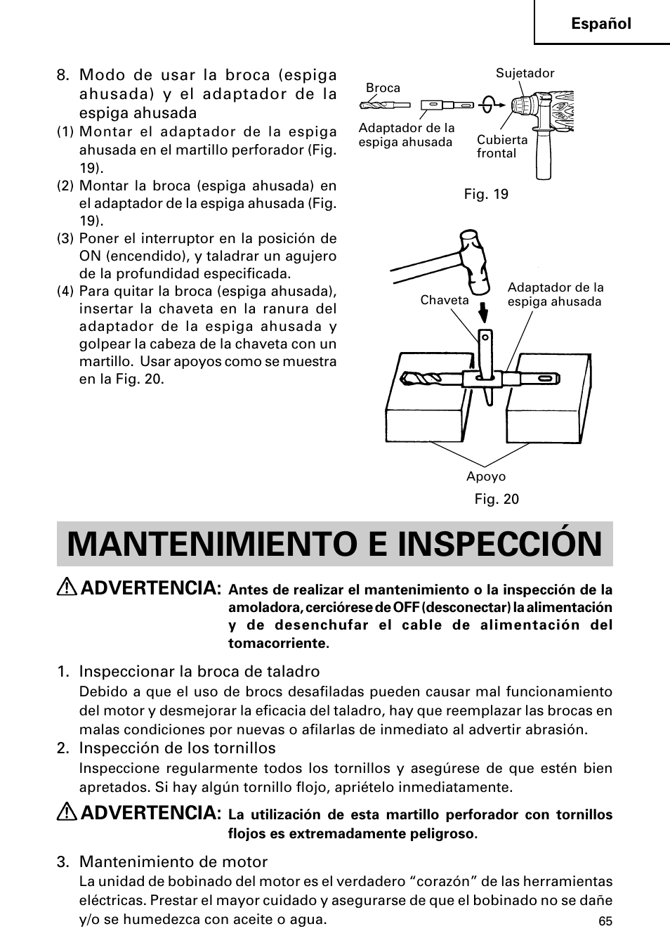 Mantenimiento e inspección, Advertencia | InFocus DH 24PD3 User Manual | Page 65 / 76