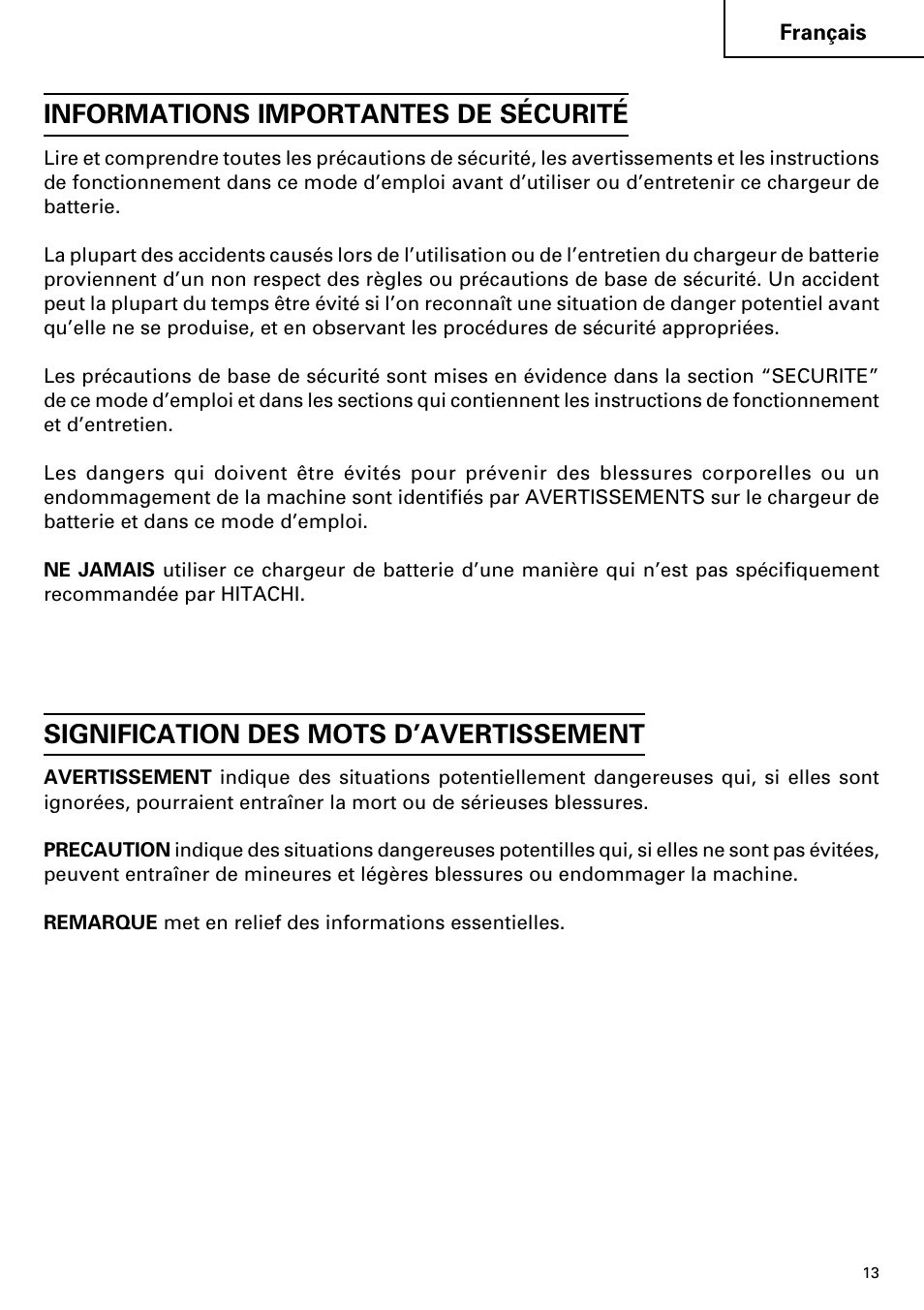 Informations importantes de sécurité, Signification des mots d’avertissement | InFocus UC 14YFA User Manual | Page 13 / 34